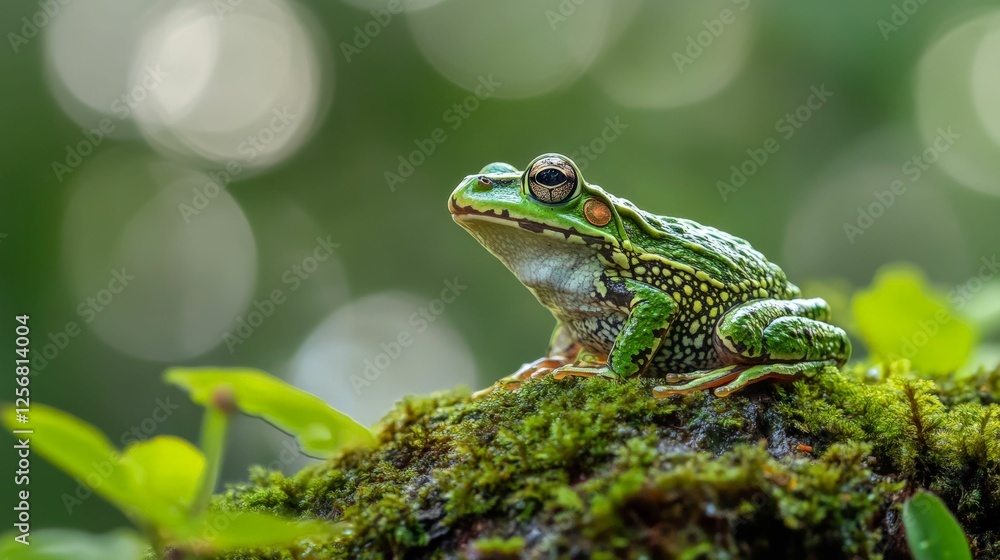 Green frog on a mossy log, looking up with a blur of foliage in the background. Green frog on a mossy log, looking up with a blur of foliage in the background.