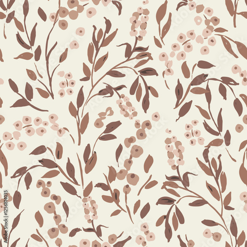 Seamless botanical repeat pattern with elegant hand drawn berries and leaves in brown mocha mousse colors on on cream background. Tonal tan latte brown all over floral surface design.