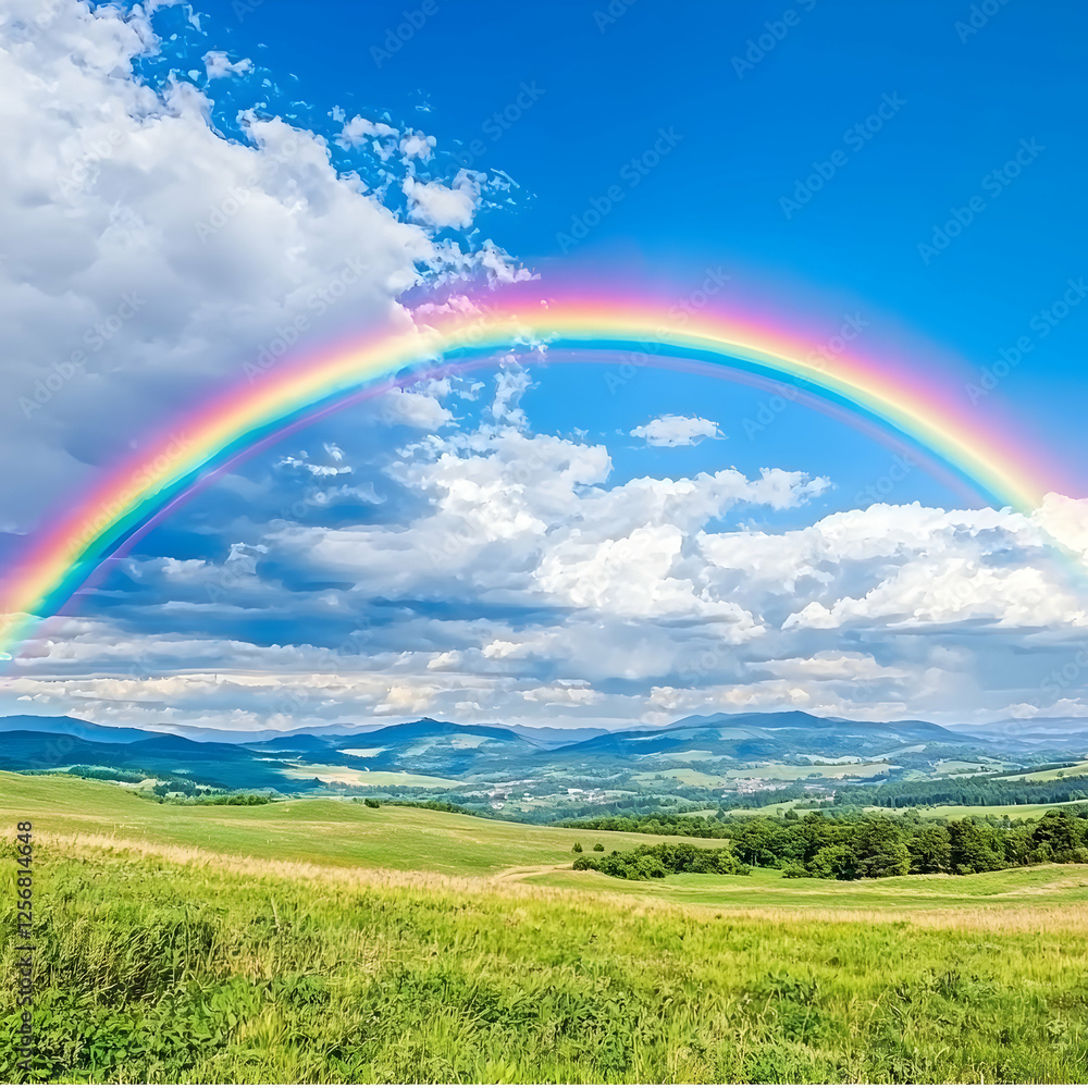 Obraz premium Colorful rainbow over rolling hills. Ideal for nature photography or desktop backgrounds