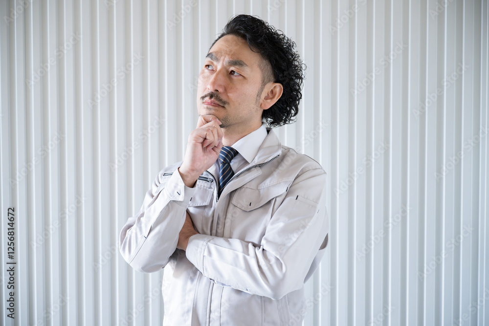 A man in work clothes in front of a factory, distressed. A man in work clothes in front of a factory, distressed.