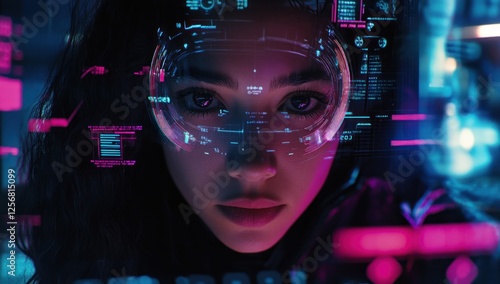 Cyberpunk Woman with Futuristic HUD Interface