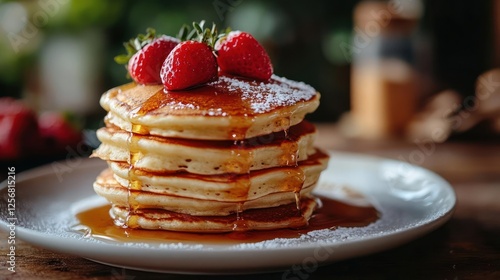 A stack of pancakes with strawberries and syrup on top. photo