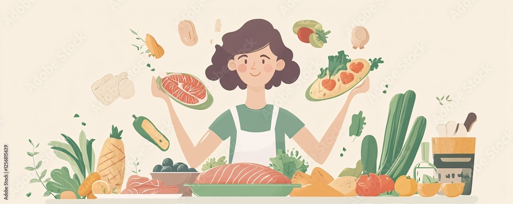 Fototapeta premium Woman cooking healthy food with vegetables and fruits floating around her