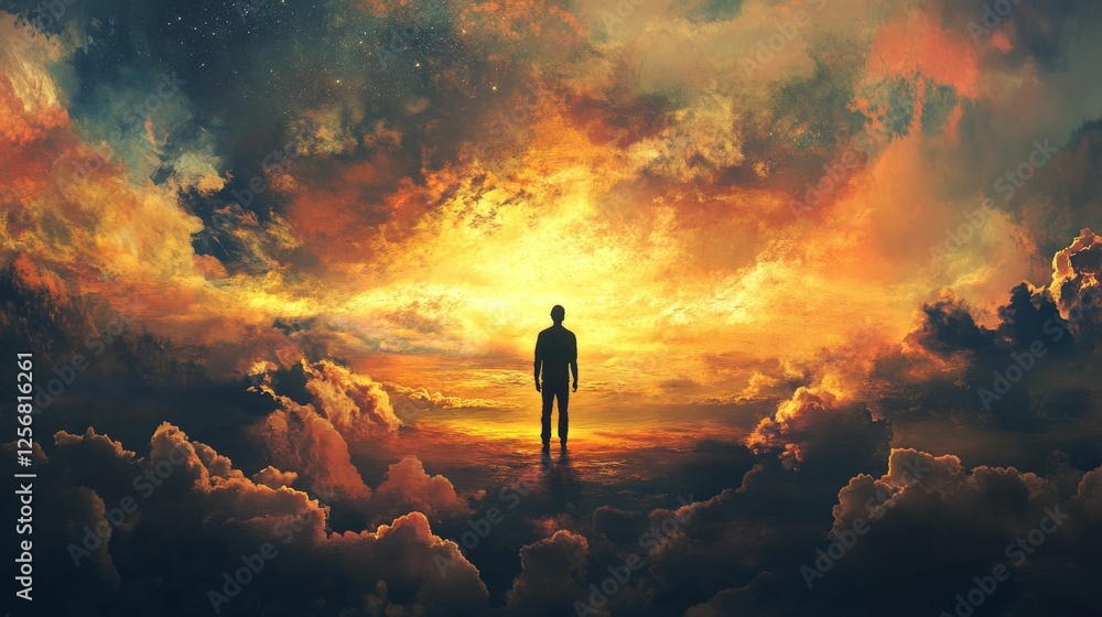 A man stands on a cloud platform with a golden sky above. Concept of hope, belief, and faith. A man stands on a cloud platform with a golden sky above. Concept of hope, belief, and faith.
