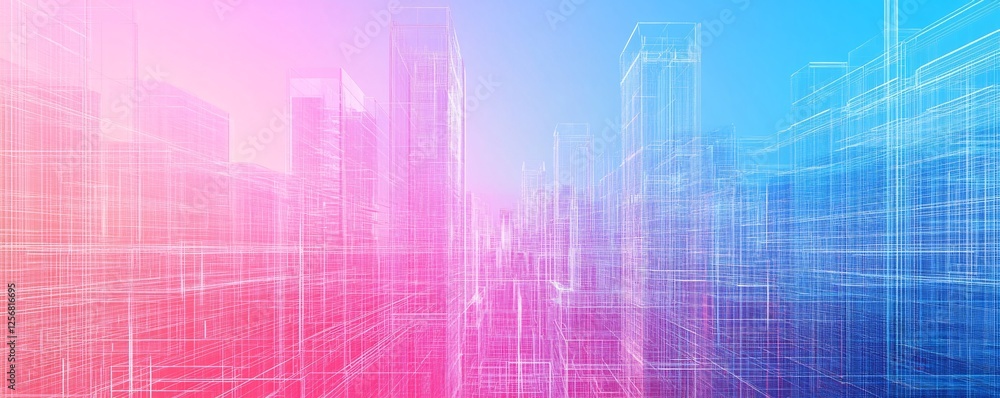 Abstract city skyline forming with lines and grids on gradient background Abstract city skyline forming with lines and grids on gradient background