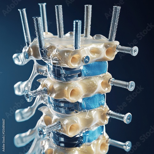 Visualization of spinal column implant and screw placement.