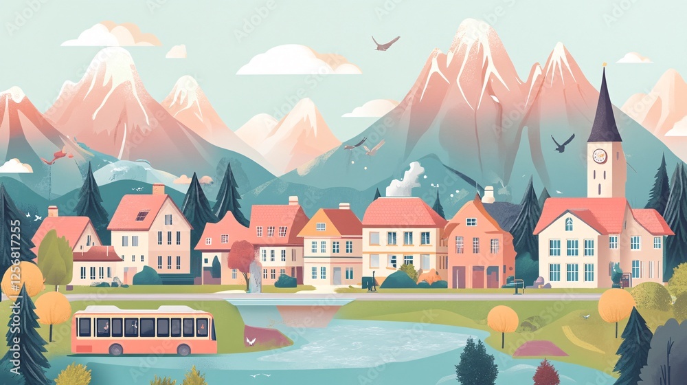 Idyllic mountain village with traditional houses and bus passing by Idyllic mountain village with traditional houses and bus passing by