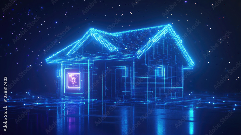 Futuristic Smart Home Technology Digital House Wireframe Model in Blue Neon Lights Futuristic Smart Home Technology Digital House Wireframe Model in Blue Neon Lights