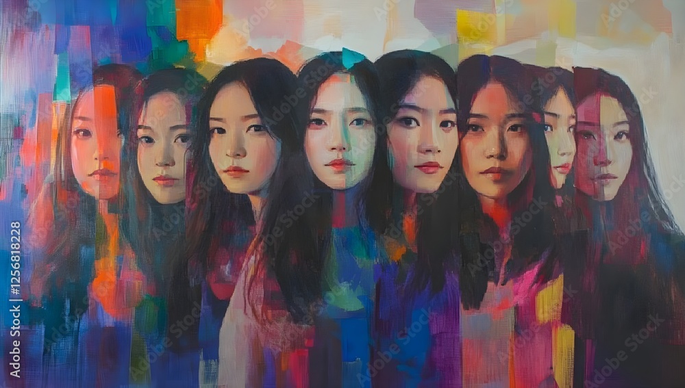 A diverse mixed race group of women embrace herself .International Women day concept.flat vector illustration A diverse mixed race group of women embrace herself .International Women day concept.flat vector illustration