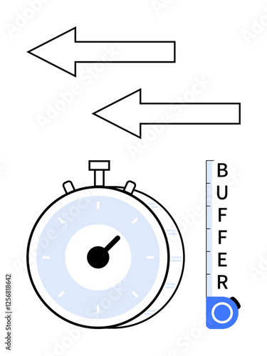 Stopwatch with bold arrows indicating decision-making directions, paired with a buffer gauge icon for flexibility, timing, or resource allocation. Ideal for planning, efficiency, time management