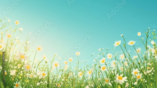 A vibrant field of daisies under a turquoise sky