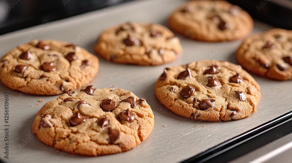 Freshly baked chocolate chip cookies on baking sheet Freshly baked chocolate chip cookies on baking sheet