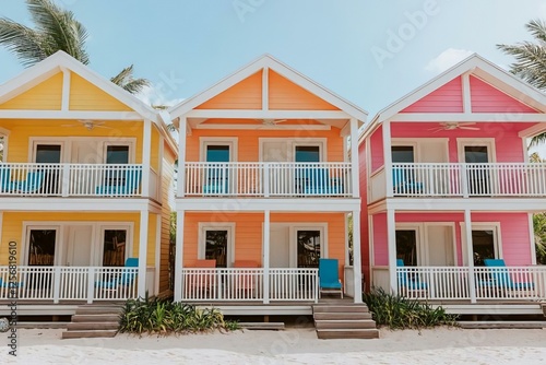 Fototapeta Naklejka Na Ścianę i Meble -  Colorful Beachfront Cottages with Balconies and Lush Tropical Surroundings