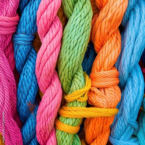 Colorful Twisted Ropes, Vivid Hues, Knotted Cords, Intertwined Strands, Brightly Dyed, Textured Fibers,  Artisan Crafts, Colorful Threads photo