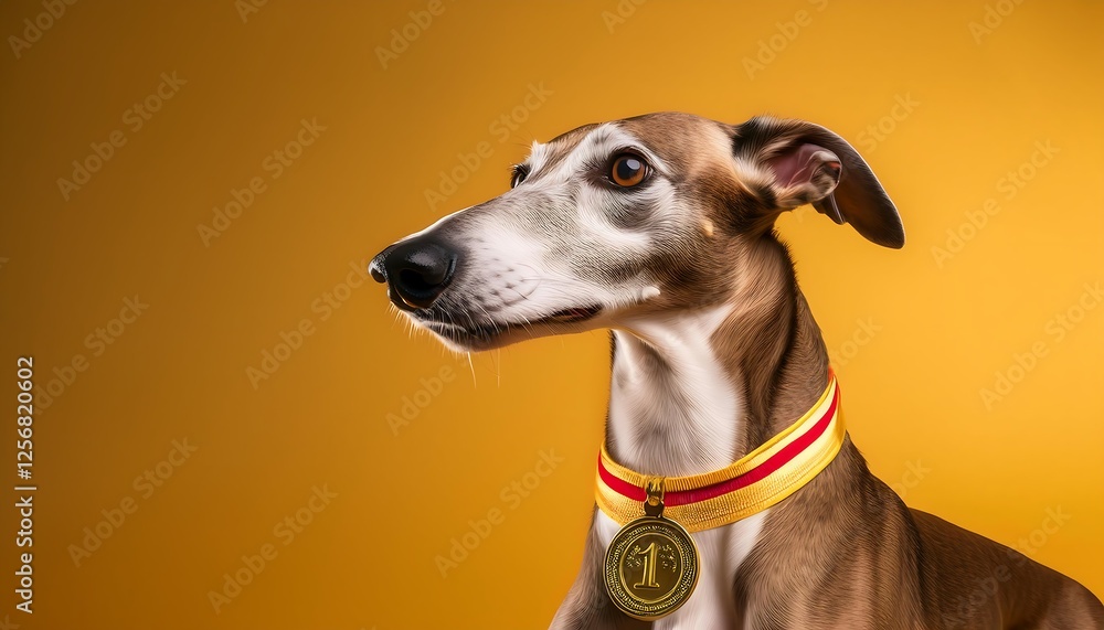 Swift Greyhound Champion with Gold Medal on Vibrant Street Swift Greyhound Champion with Gold Medal on Vibrant Street