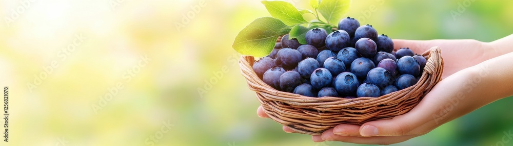 Fototapeta premium A hand holds a basket of fresh blueberries, set against a soft, green background, highlighting the vibrant colors of the fruit and nature.