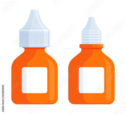 Set of closed and open orange medicine dropper bottles. Health, eye drops, ear drops, and medical product mockup concept. Flat vector illustration isolated on white background with copy space