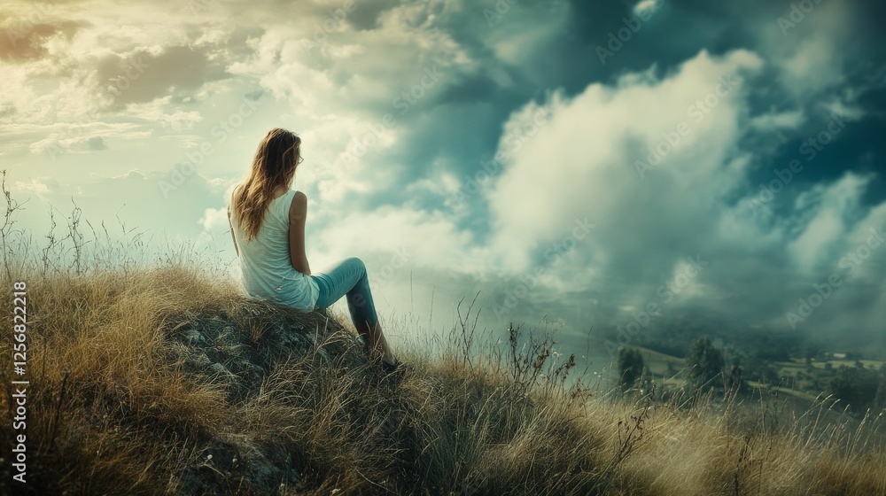 Woman sitting on a hilltop gazing at the sky with dramatic clouds. Woman sitting on a hilltop gazing at the sky with dramatic clouds.