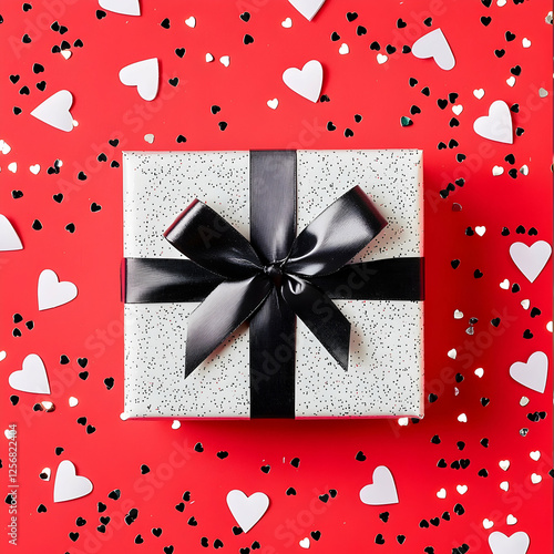 White gift box with black ribbon on red background with confetti hearts; Valentine's Day gift