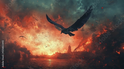 Wallpaper Mural Silhouette of a bird soaring over a cityscape with an apocalyptic, fiery sky. Torontodigital.ca