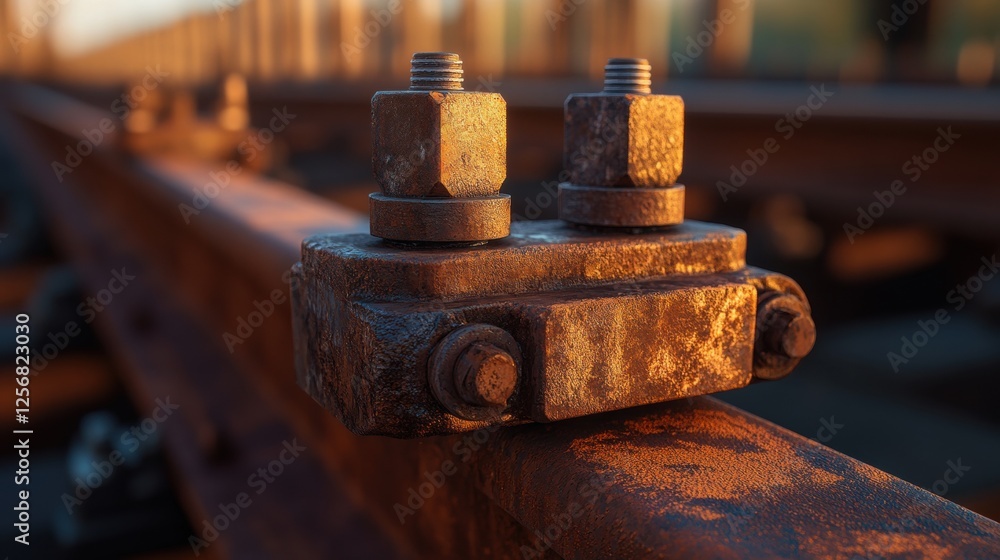 Close-Up of Rusty Metal Bolt and Nut on a Weathered Rail Track Close-Up of Rusty Metal Bolt and Nut on a Weathered Rail Track