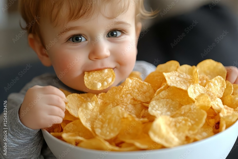 Adorable Baby Enjoying a Big Bowl of Crunchy Potato Chips Adorable Baby Enjoying a Big Bowl of Crunchy Potato Chips