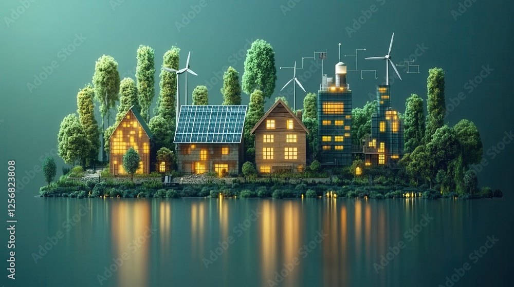 Fototapeta premium Eco-village night scene, sustainable homes, renewable energy, island setting, future city concept