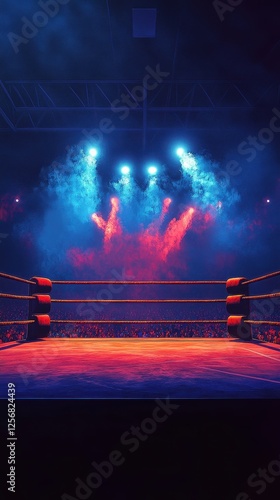 A boxing ring illuminated by bright lights and smoky haze