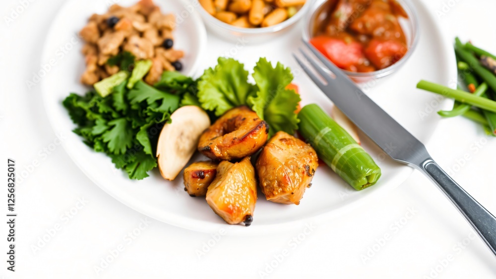 Delicious and Healthy Asian Fusion Meal on a White Plate Delicious and Healthy Asian Fusion Meal on a White Plate