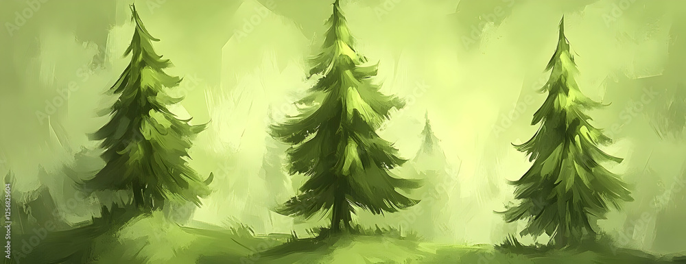 Obraz premium Misty forest, three pines, calm scene, nature background