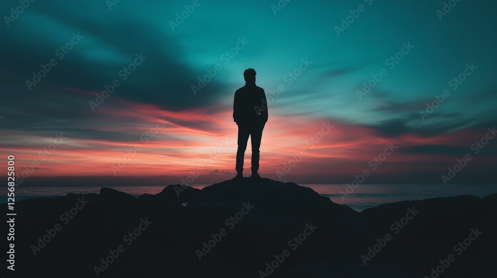Silhouette of a man standing on a rock against a vibrant sunset sky Silhouette of a man standing on a rock against a vibrant sunset sky