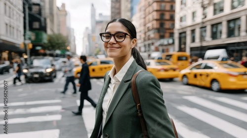 Confident businesswoman smiles while crossing a city street, surrounded by yellow cabs and blurred urban background.