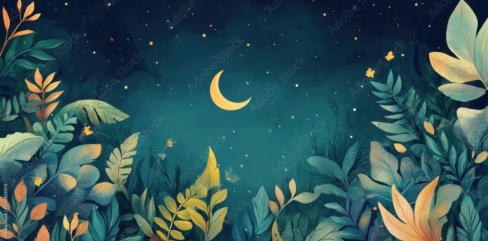 Crescent moon shines over lush foliage in a peaceful night Crescent moon shines over lush foliage in a peaceful night