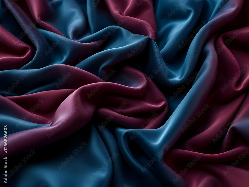 Fototapeta premium Red Silk Background: A luxurious close-up of silky fabric in rich blue and maroon hues with elegant folds and smooth texture.