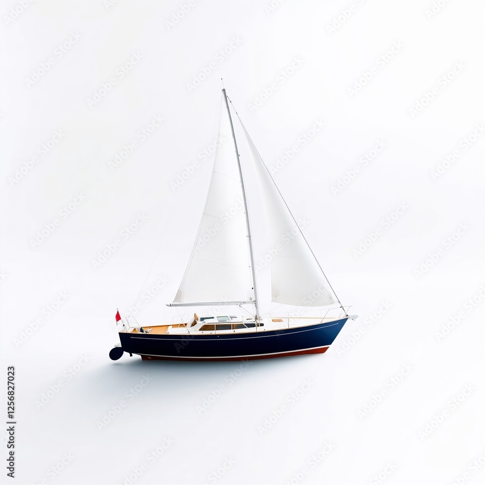 Fototapeta premium Classic sailboat with white sails sailing on white background