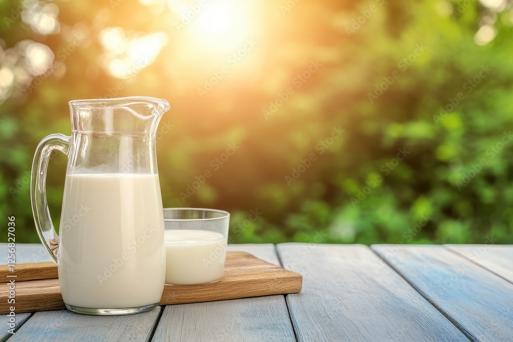 Fresh Milk in Glass Pitcher and Bowl on Wooden Board Surrounded by Nature at Sunrise Fresh Milk in Glass Pitcher and Bowl on Wooden Board Surrounded by Nature at Sunrise