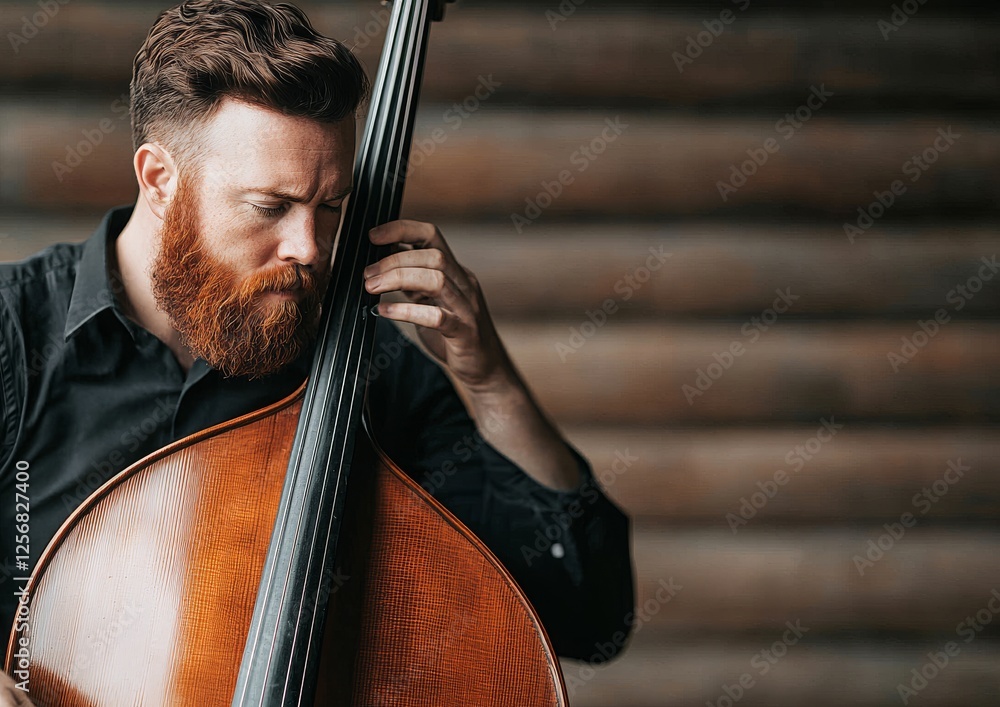 A redhead male musician with a beard plays the double bass; classical music concert. A redhead male musician with a beard plays the double bass; classical music concert.