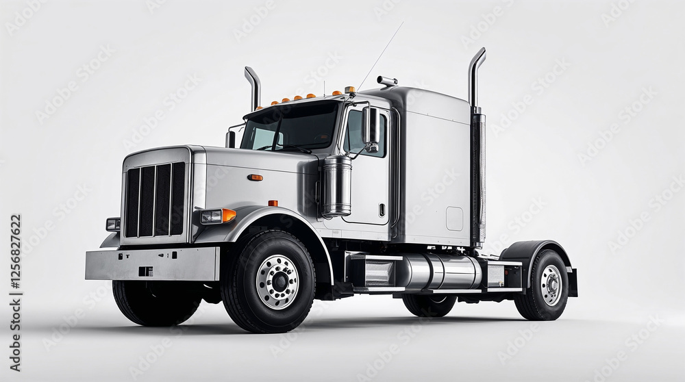Shiny silver semi-truck standing in studio setting, transporting goods across country Shiny silver semi-truck standing in studio setting, transporting goods across country
