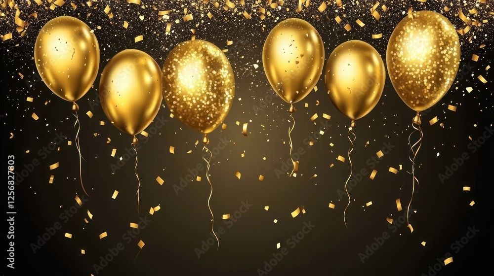 festive display of golden balloons against a dark background, with sparkling confetti creating a celebratory atmosphere festive display of golden balloons against a dark background, with sparkling confetti creating a celebratory atmosphere