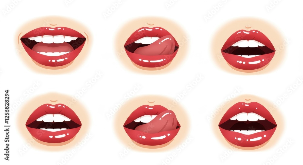Set of glossy red lips with various expressions on white background Set of glossy red lips with various expressions on white background