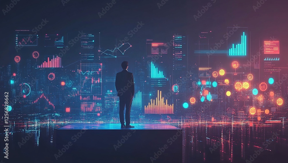 Analyst Reviews Futuristic Data Visualizations on a Digital Cityscape Screen, Showing Technological Advancements in Business Intelligence. Analyst Reviews Futuristic Data Visualizations on a Digital Cityscape Screen, Showing Technological Advancements in Business Intelligence.