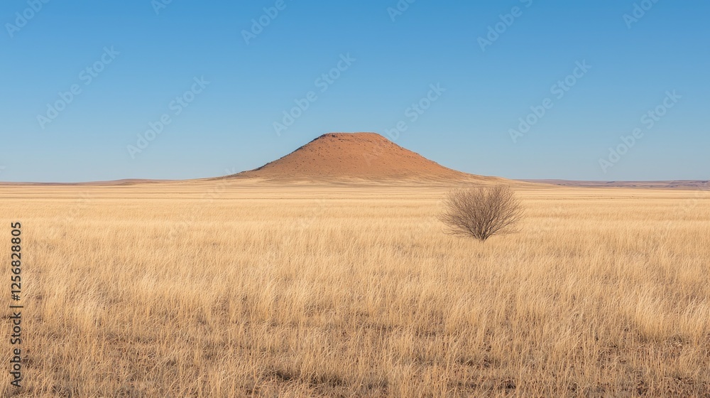 Isolated hill in vast steppe under clear sky Isolated hill in vast steppe under clear sky