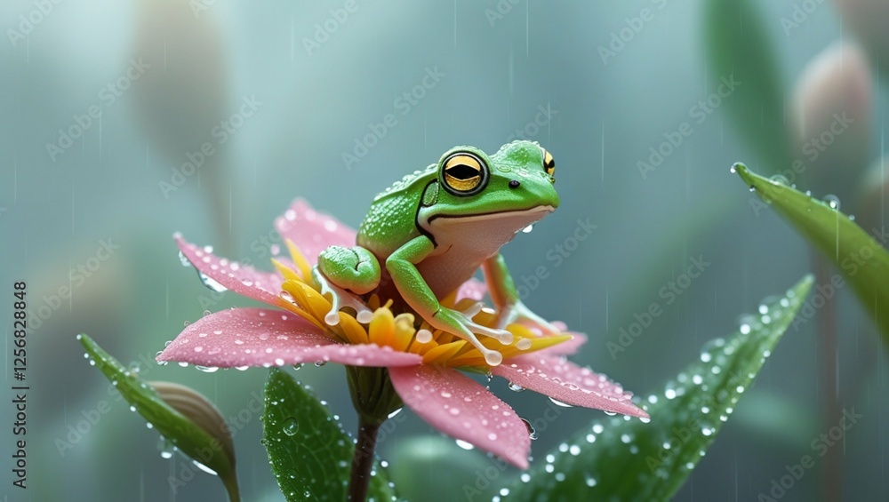 Naklejka premium A small, vibrant green frog with bright golden eyes and delicate, translucent skin, perched on top of a colorful, delicate wildflower with soft, velvety petals in shades of pink, yellow, and white, ra