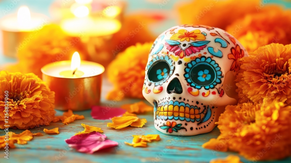 Fototapeta premium Vibrant Sugar Skull and Marigold Flowers: A Day of the Dead Celebration