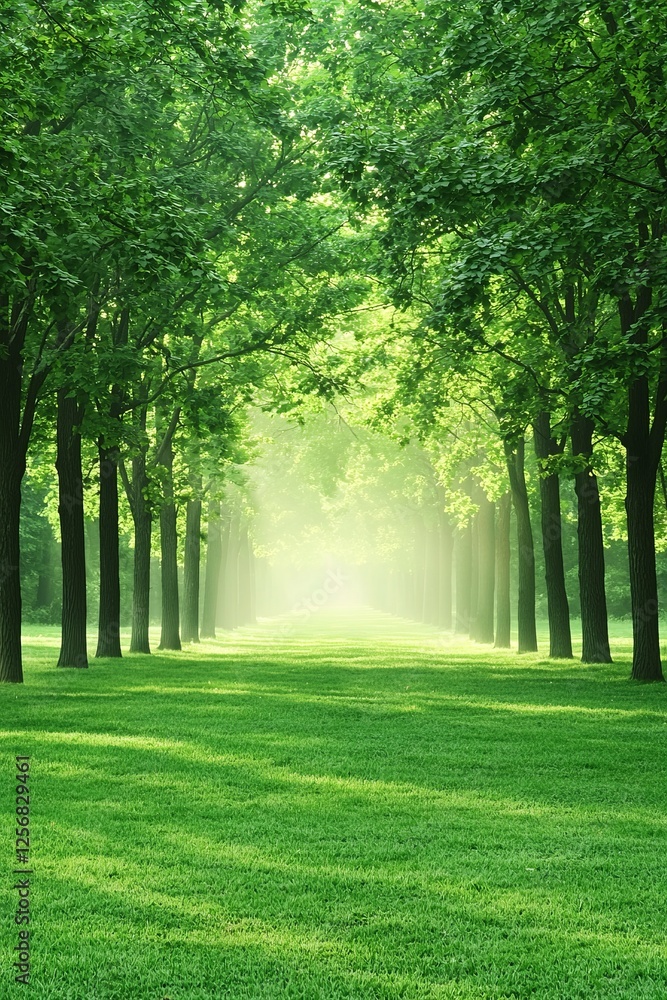 Obraz premium Serene sunlit path through a lush green forest of trees, creating a tranquil and peaceful atmosphere.