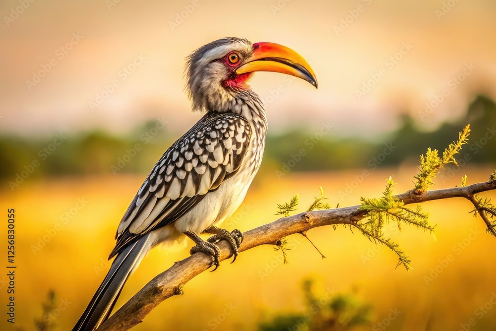 Panoramic Southern Yellow-billed Hornbill on Twig - Wildlife Photography