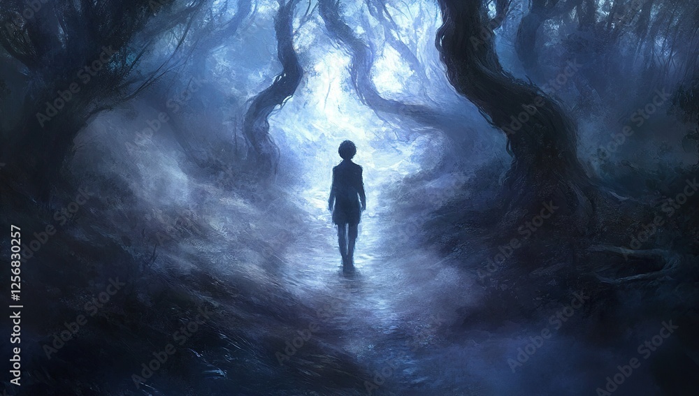 Fototapeta premium Mysterious Figure Walks Through Enchanting, Dark Forest Path Towards Light, Magical Journey Awaits