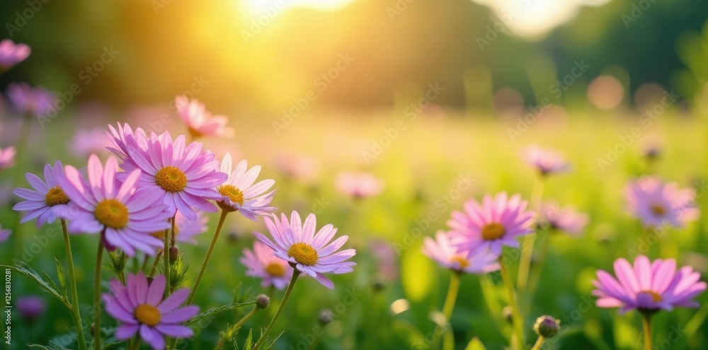 Fototapeta premium Full bloom of purple daisies in a sunny meadow, wildflowers,