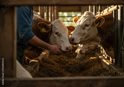 Farmer feeding cows in barn at sunset: rural agriculture lifestyle captured in warm light photo