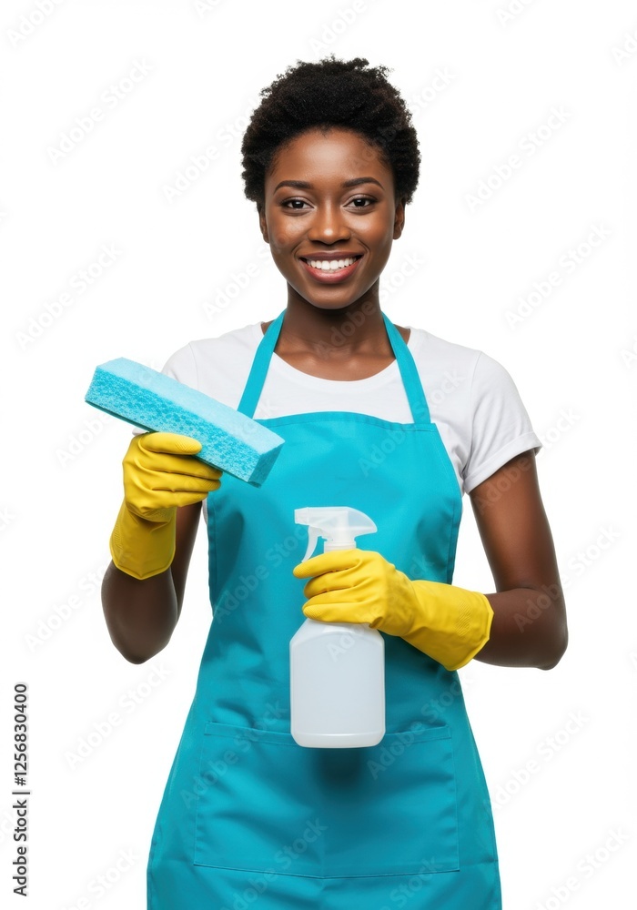 Smiling woman in apron with cleaning supplies against white background Smiling woman in apron with cleaning supplies against white background